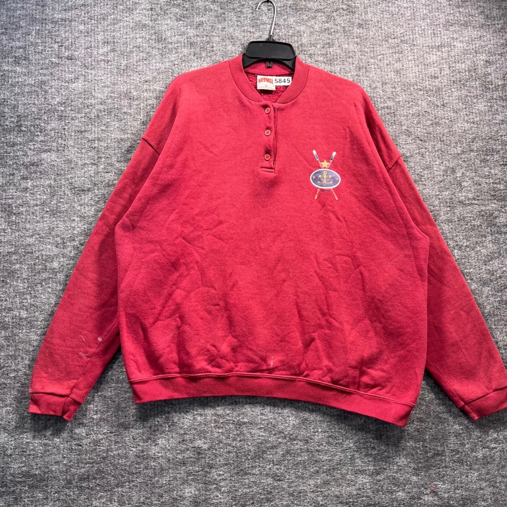 Vintage Nutmeg Mills Henley Sweatshirt Mens XL Red Nautical Anchor Made in USA